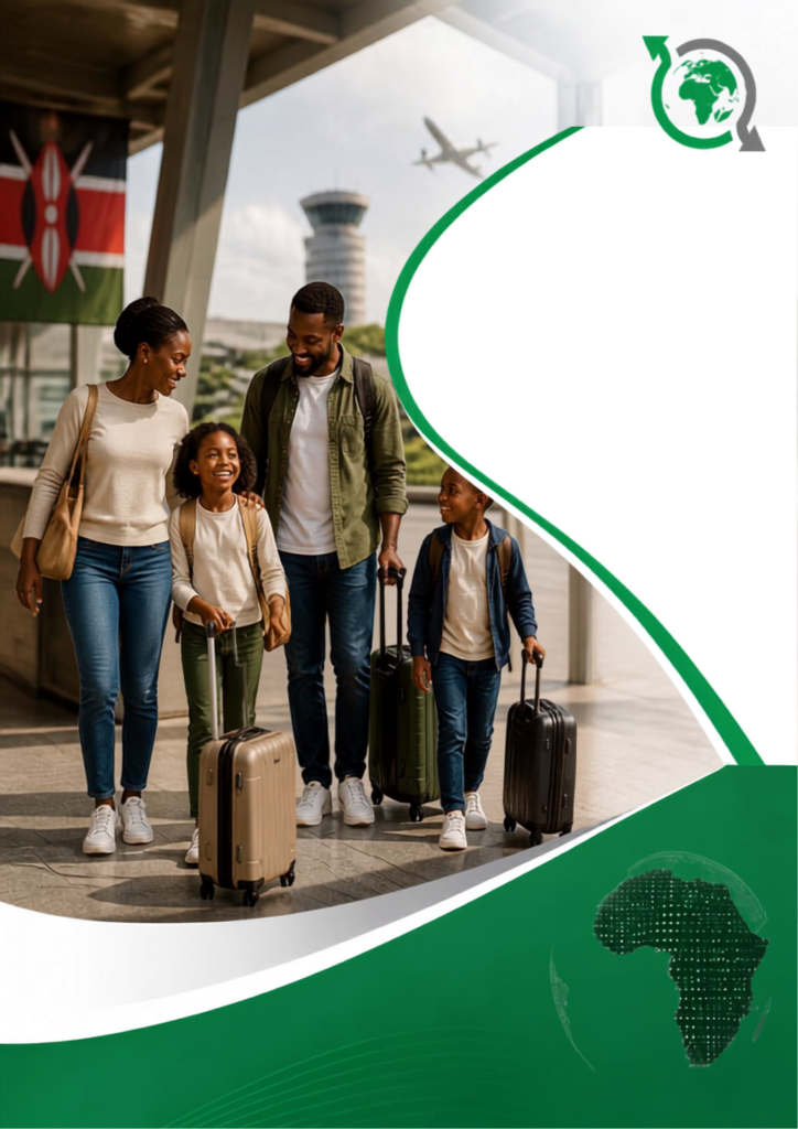 A family arriving at a Kenyan airport together.